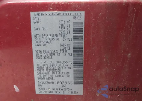 2014 Nissan Pathfinder Platinum z USA, uszkodzony, nr VIN 5N1AR2MM9EC602965